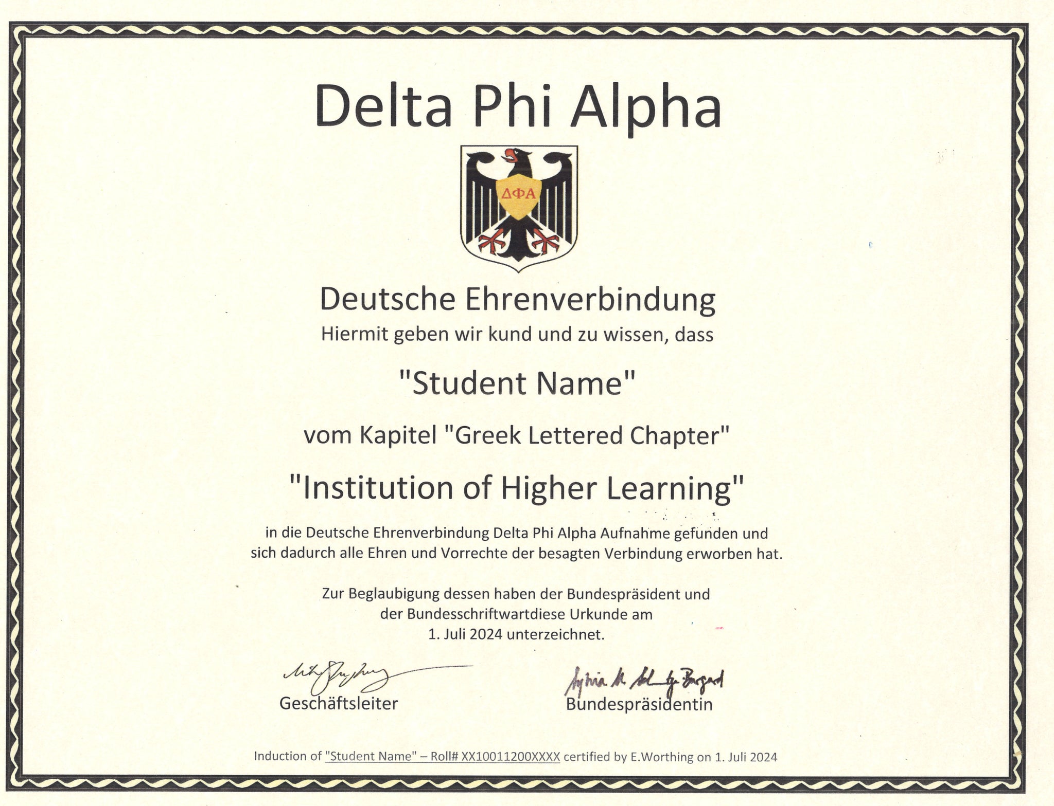 Delta Phi Alpha Replacement Membership Certificate (University