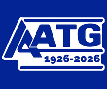 Load image into Gallery viewer, AATG logo with anniversary text blue on a white background

