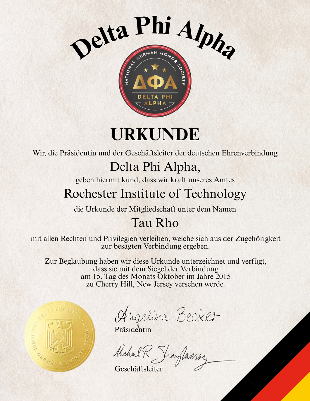 Delta Phi Alpha Replacement Chapter Charter (University)
