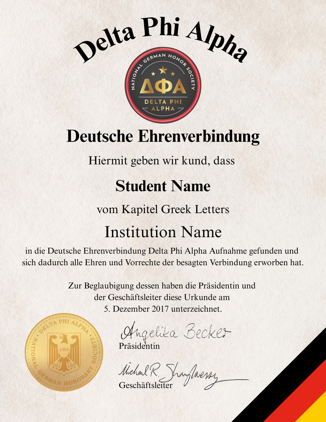 Delta Phi Alpha Replacement Membership Certificate (University)